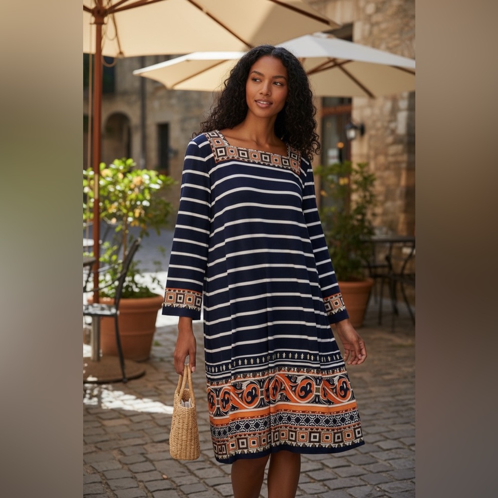 Tiana B. Navy Striped Tunic Midi Dress – Size 14